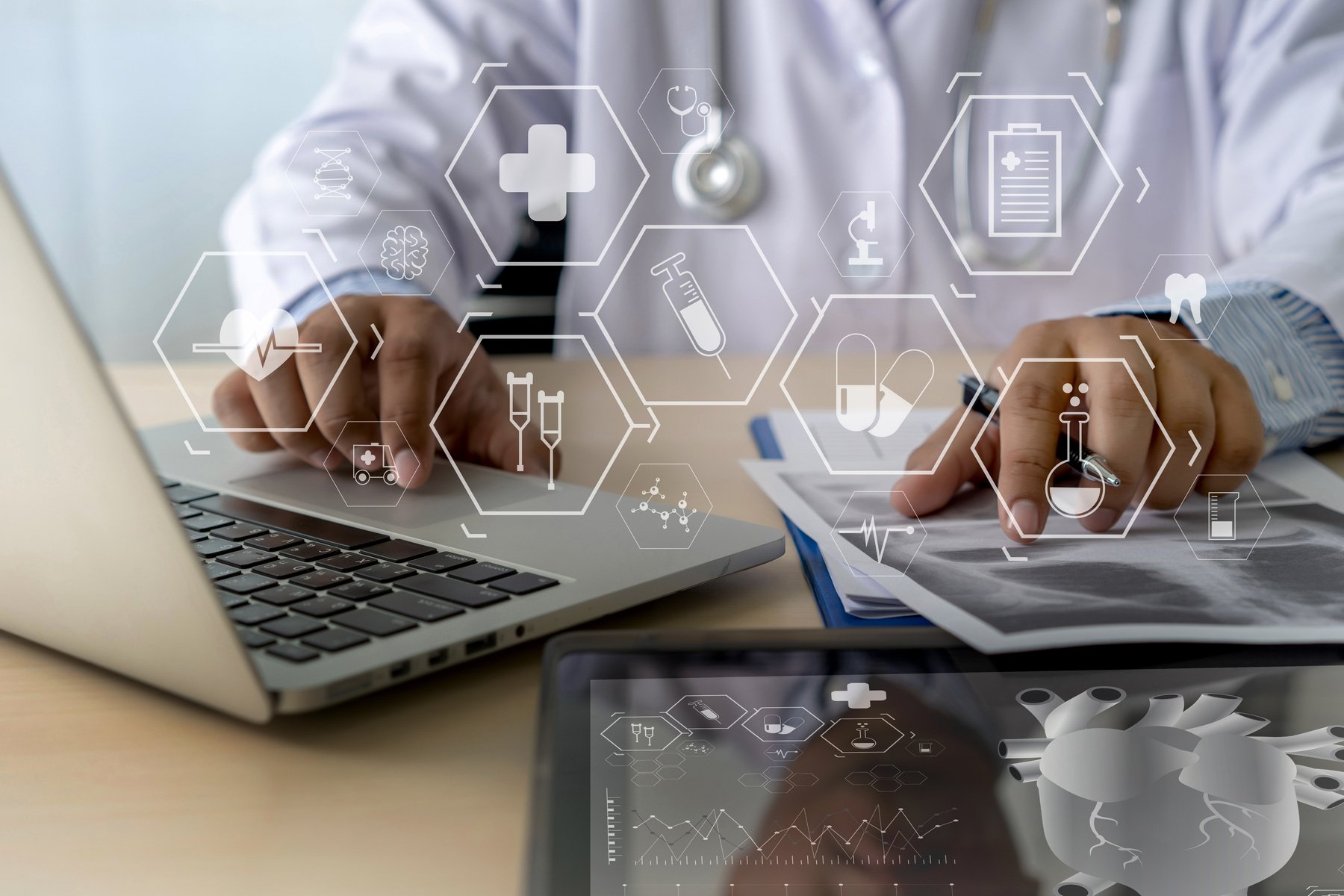 Health care writing prescription Doctor working modern virtual screen interface network